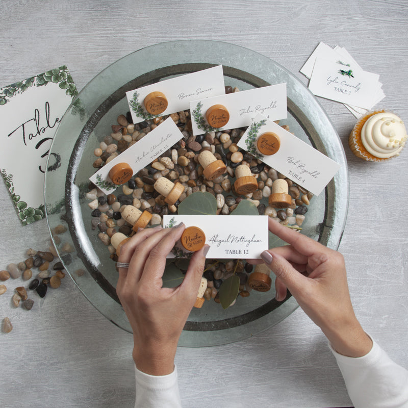 Eucalyptus Wedding Name Place Cards and Wine Stoppers