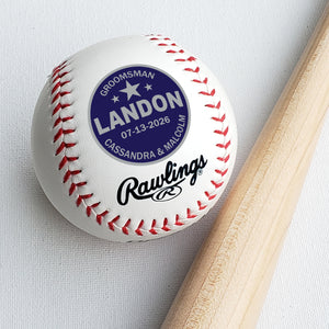 custom baseball gift for groomsman personalized with wedding title, date and names. 