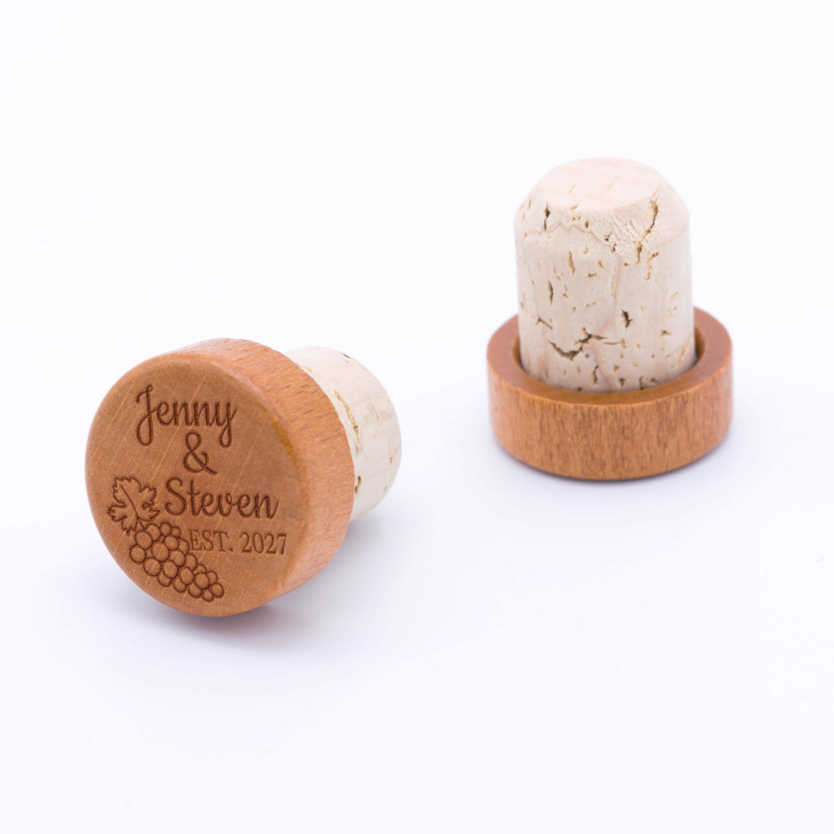 Custom wine stopper engraved with a grape bunch.