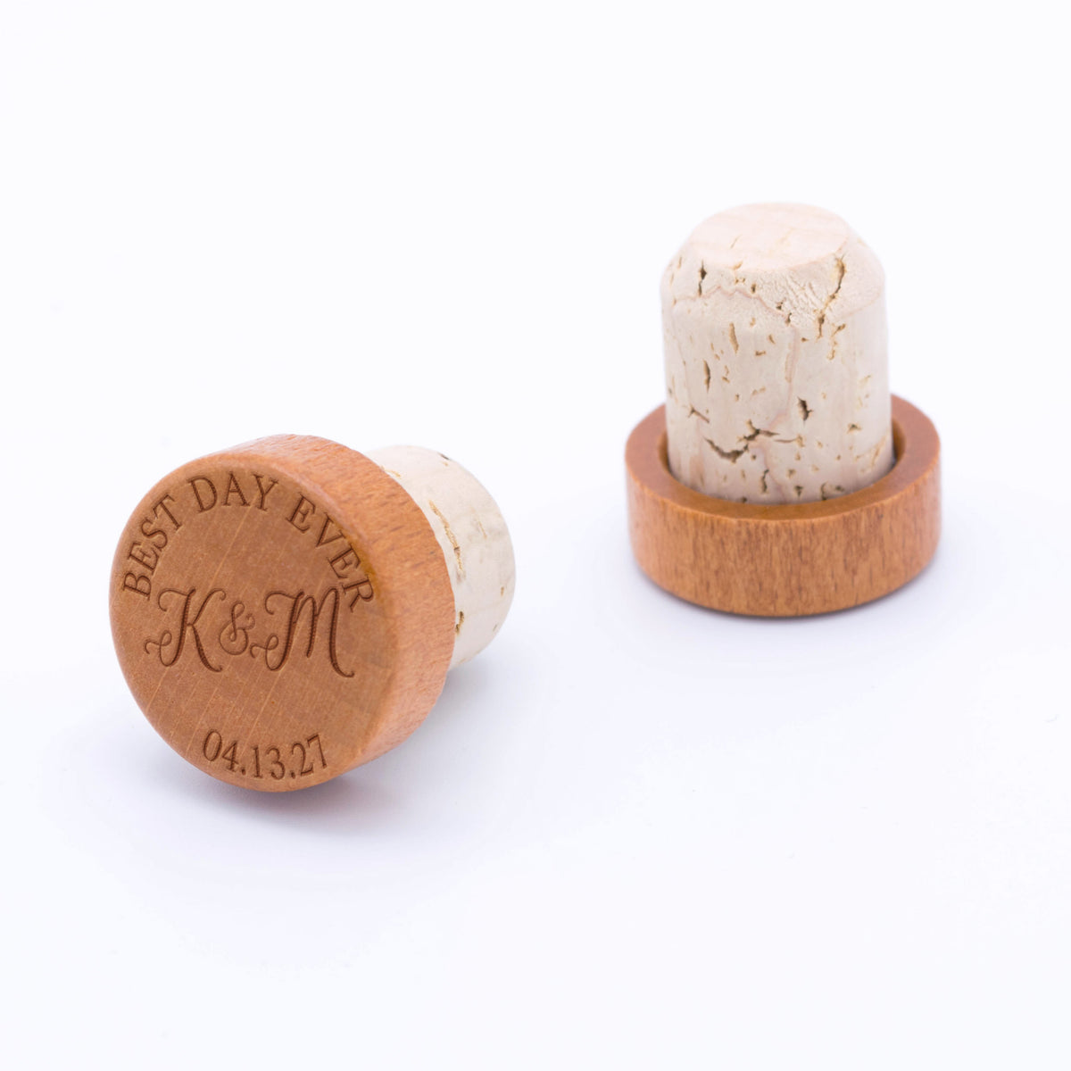 Custom wine bottle stoppers engraved  with the "Best Day Ever" listing and customized with a couple's initials and custom date.