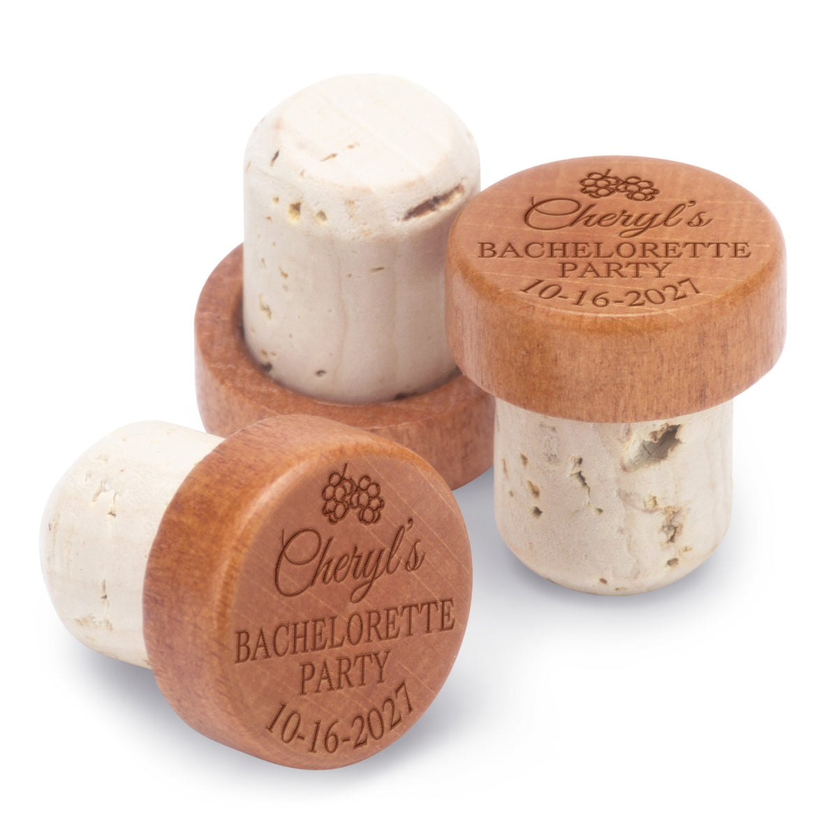 Wooden wine stoppers engraved with the words, "Chery's Bachelorette Party" and a custom date make a unique addition to bachelorette goodie bags. 