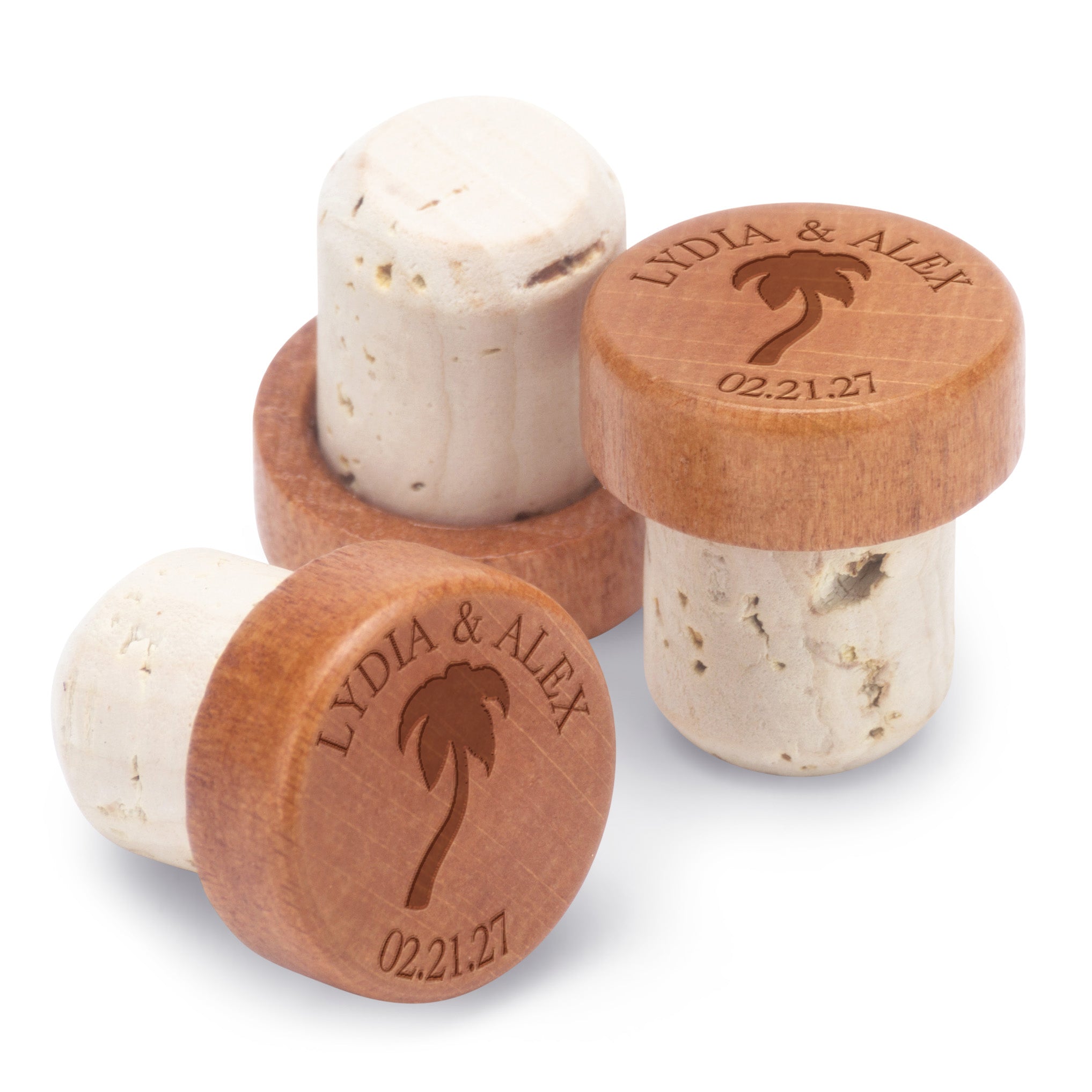 Palm tree custom bottle stoppers engraved with a couple's names and custom date.