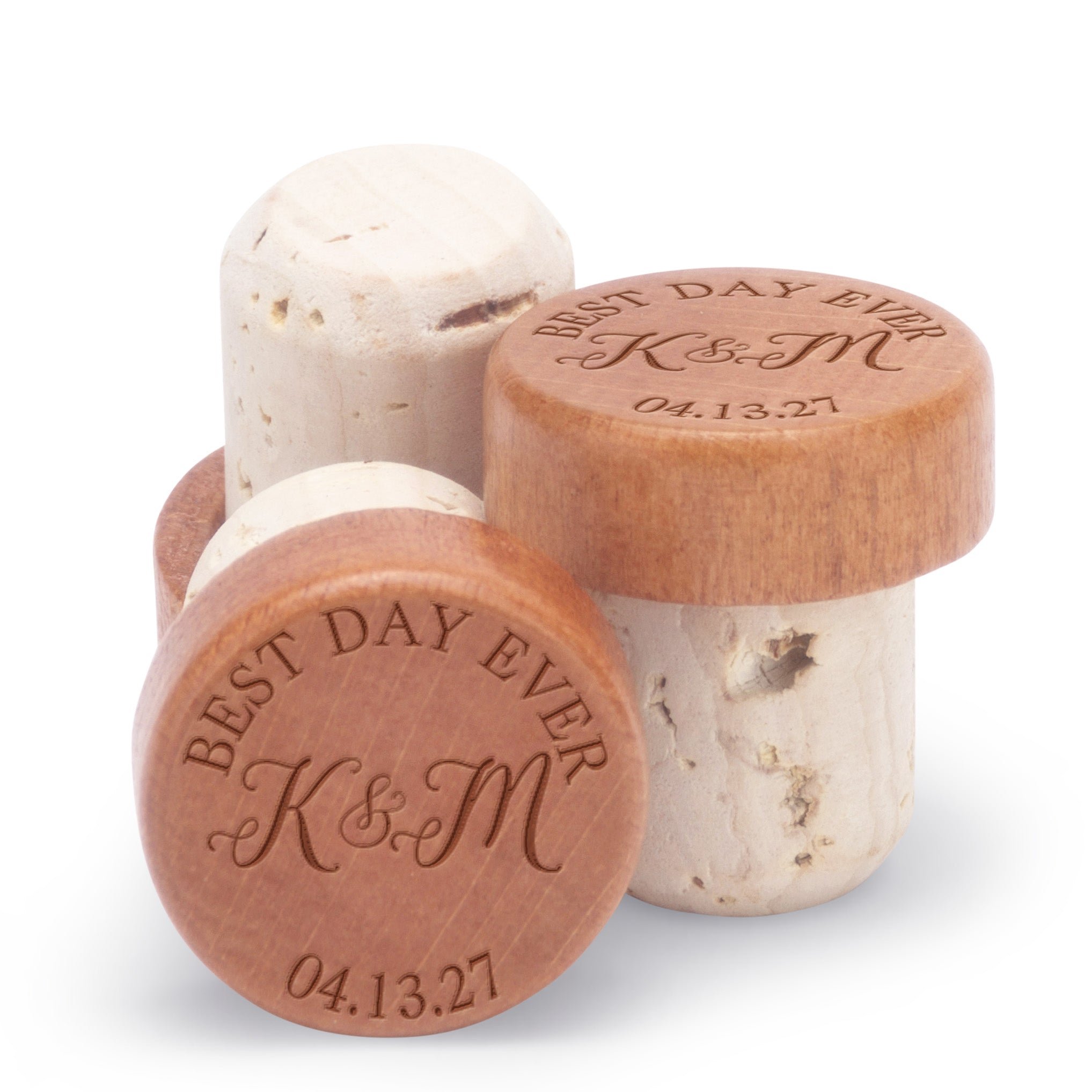 "Best Day Ever" personalized bottle stoppers engraved with couple's initials and a custom date.