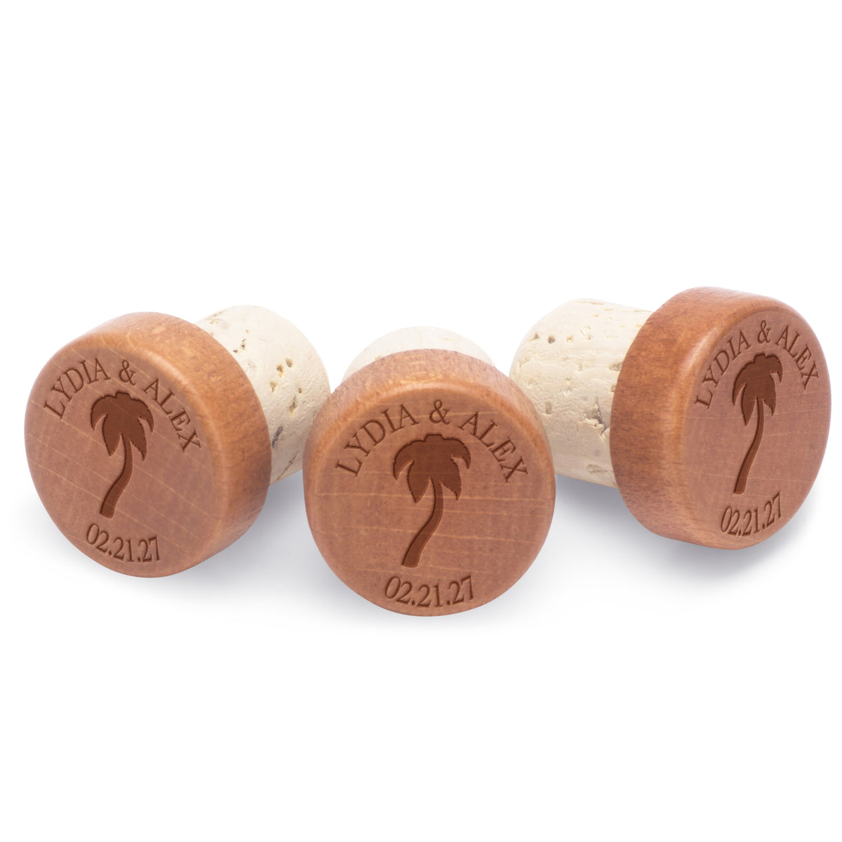 Palm tree wine stoppers engraved with a couple’s names and custom date.