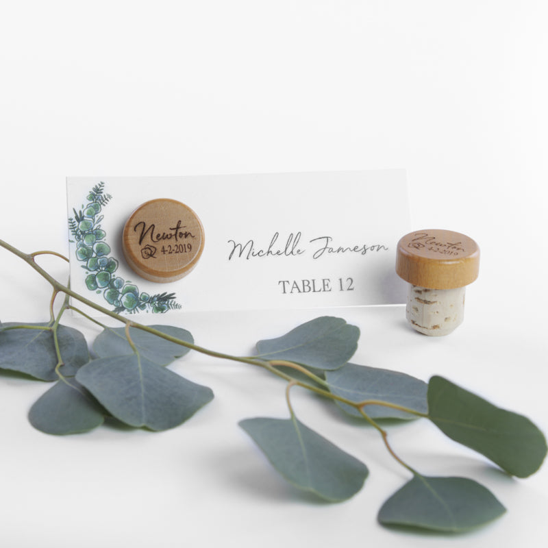 Eucalyptus Wedding Name Place Cards and Wine Stoppers